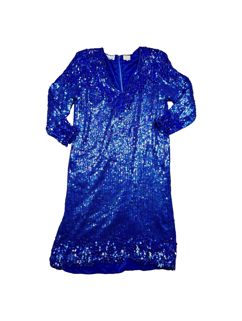 Vintage 80s Blue Sequin Beaded Dress 1X Iridescent Cocktail Formal Silk Gown